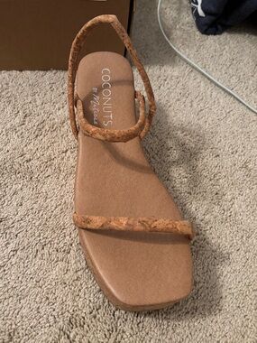 Coconuts by Matisse Cork-Textured Tan Strappy Square-Toe Sandals